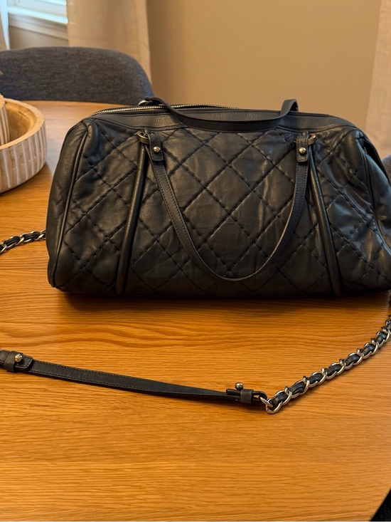 CHANEL Handbags - CHANEL Blue Diamond Quilted Leather Bowling Satchel with Chain Strap